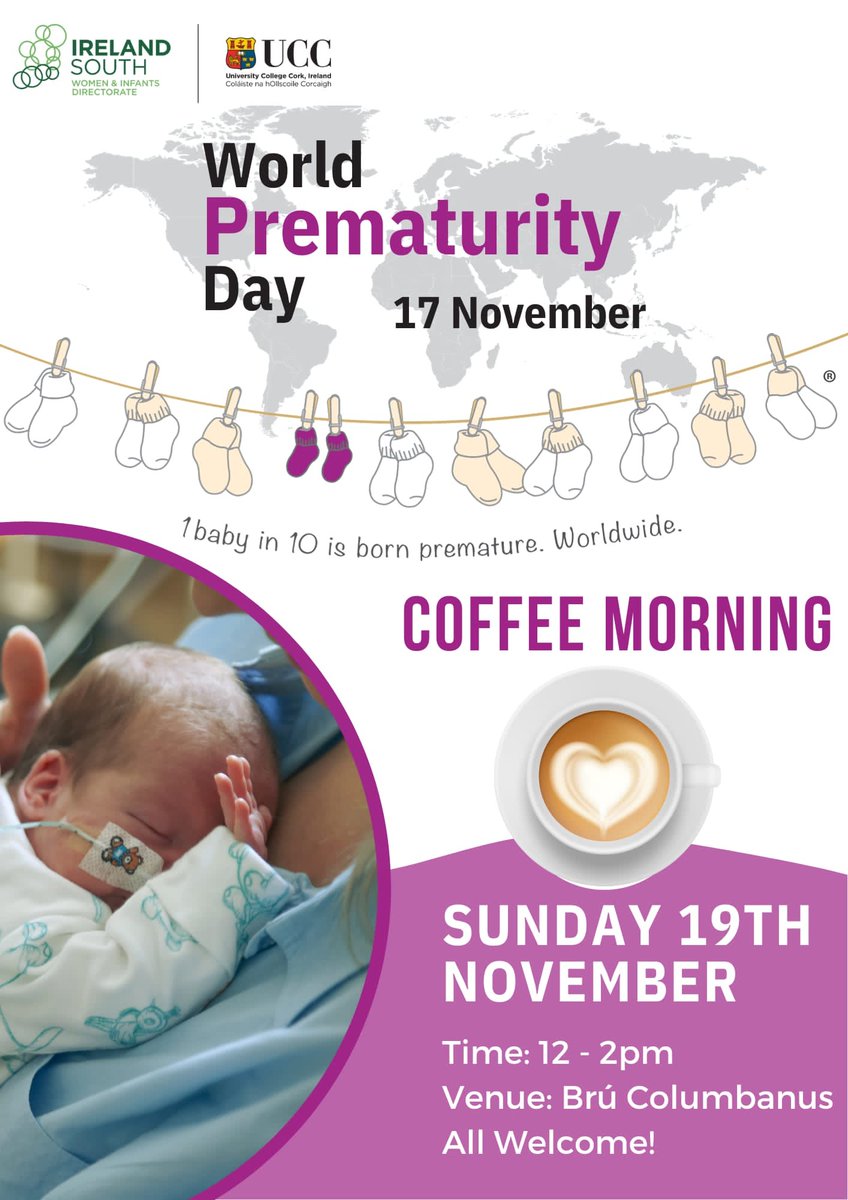 IrelandSouthWID's tweet photo. We are delighted once again to host a coffee morning at @brucolumbanus on Sunday, the 19th, to mark #WorldPrematurityDay 2023.  All welcome🧦 https://t.co/wlDVZBCxW1