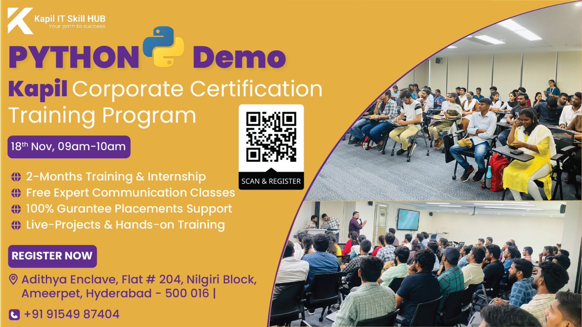 KapilITSkillHUB's tweet image. Kapil IT Skill hub is conducting Demo for Python corporate certification training program at Ameerpet.

Address - Adithya Enclave, Flat # 204, Nilgiri Block, Ameerpet, Hyderabad 500 016.

Register here : kapilitshub.com/book-demo

#Python #KapilITSkillHub #CorporateTrainingPrograms
