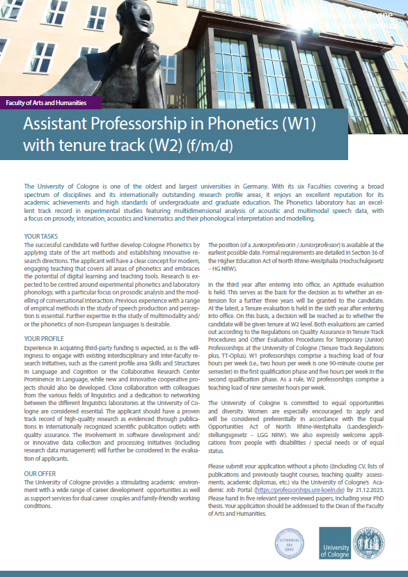 📢 Job Alert 📍<a href="/UniCologne/">Universität zu Köln</a> 📢
✅Assistant Professorship in Phonetics (W1) 
✅Possibility of tenure track (W2)
💻Apply here: berufungen.uni-koeln.de/?lang=en
🗓️Deadline 21/12/23