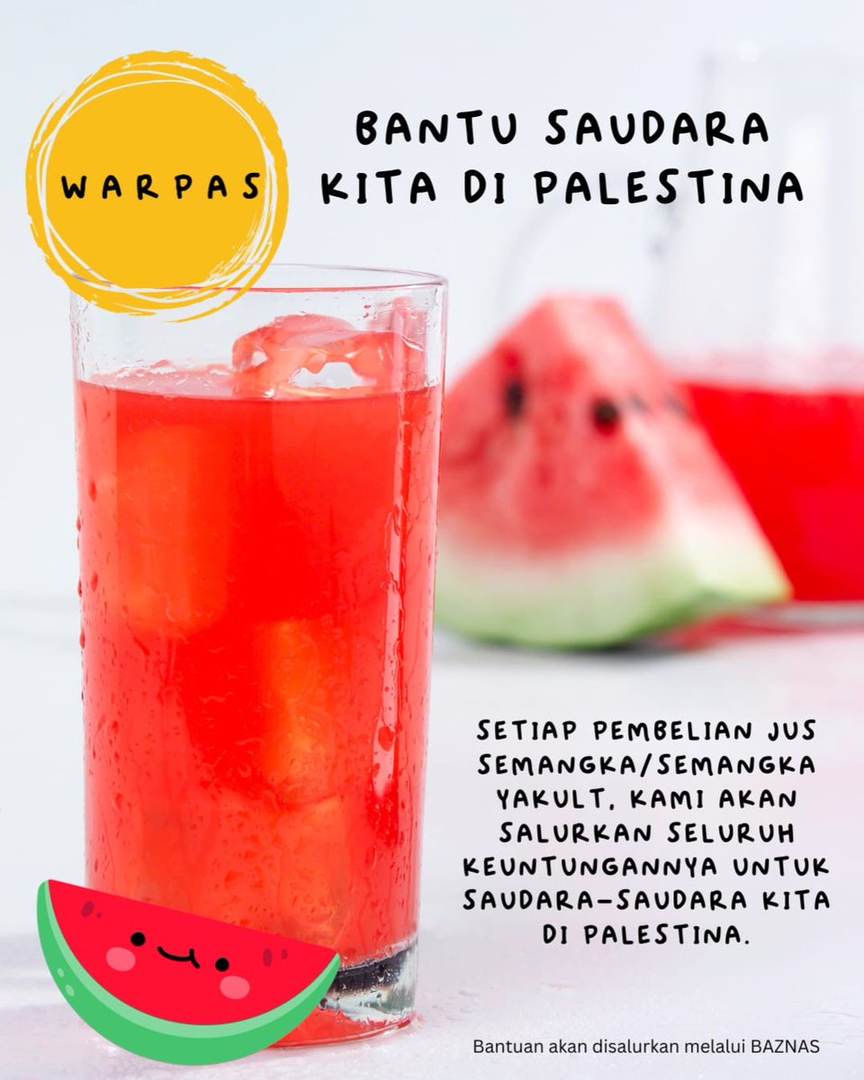 Peduli palestina 🇯🇴

100% keuntungan penjualan semangka juice / semangka yakult akan di sumbangkan untuk mendukung saudara - saudari kita di Palestina
 Yuk jgn Lupa bantu share ke temen temen kamu yah 🇯🇴🙏

#FreePalaestine#warpaspeduli#Pasbuatkamu