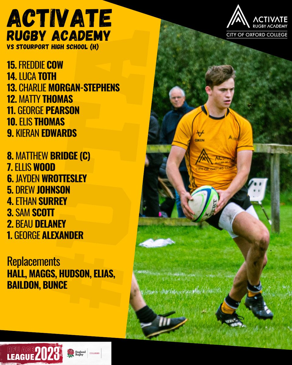 📢 Team Announcement 

Here is our team to face Stourport today 🔥

Slight change to venue and kick off time, due to waterlogged pitches 💧 

🆚 Stourport High School
📍 Aylesbury Rugby Club (HP22 5RN)
🕟 16:30
🏆 RFU ACE League

<a href="/Activate_Learn/">Activate Learning</a> | <a href="/midsrugbyacad/">Midlands Rugby Academy</a> 

#UTA