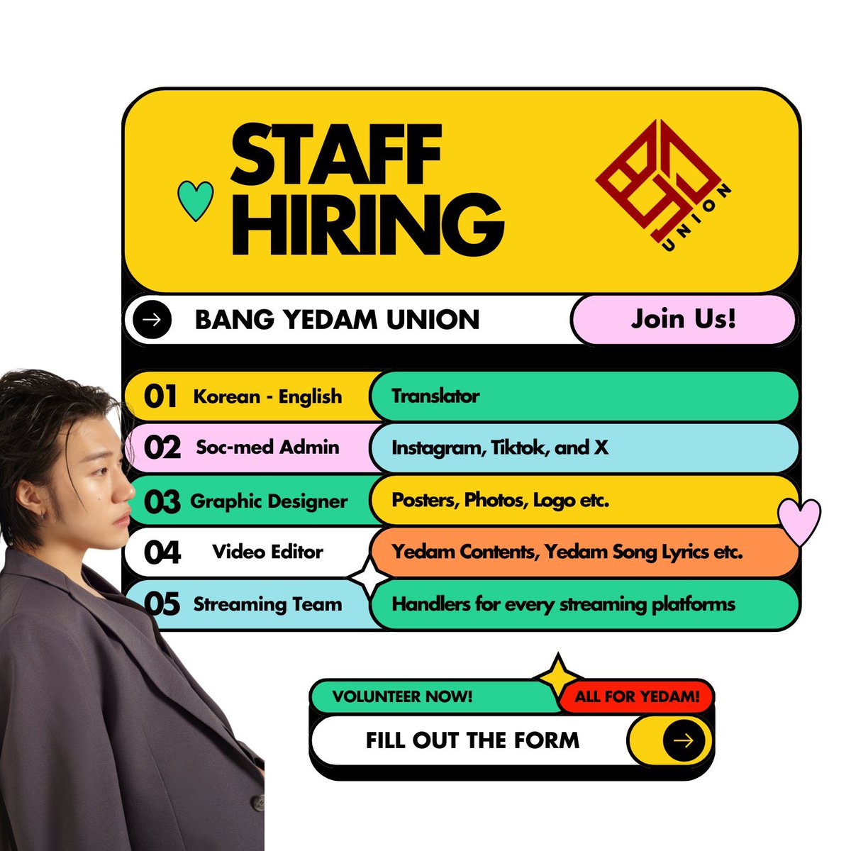 [📣] 𝗦𝗧𝗔𝗙𝗙 𝗛𝗜𝗥𝗜𝗡𝗚

<a href="/BYDUNION_/">BANG YEDAM UNION</a> is now looking for the following: 

✅ Korean - English Translator
✅ Social Media Admin (Instagram, Tiktok, X)
✅ Graphic Designer
✅ Video Editor
✅ Streaming Team Handlers (Bugs, Genie, Melon)

🔗 tinyurl.com/BYDUNIONstaffH…

📆 Applicate