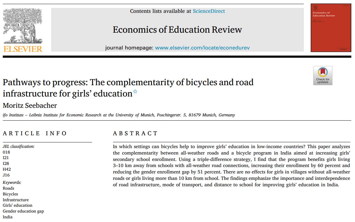 📢Very excited to share that my paper 

“Pathways to progress: The complementarity of bicycles and road infrastructure for girls’ education” 

is finally published in the Economics of Education Review 

Free access for 50 days: authors.elsevier.com/a/1hzsS%7E1QC4…

(1/3)