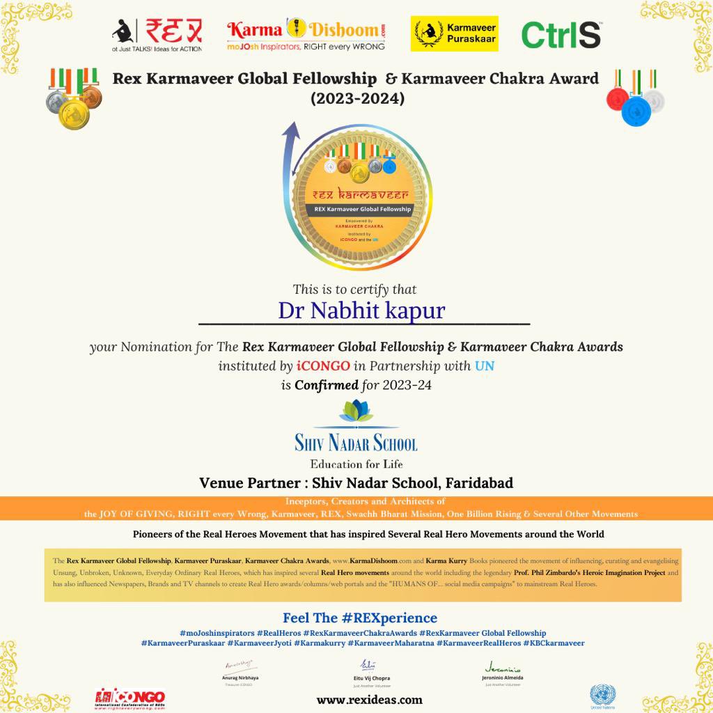 nabhit_kapur's tweet photo. Happy to share MY confirmation certificate for the REX Karmaveer
Chakar Award instituted by #iCONGO in Partnership with the #UnitedNations.
End year award … #mentalhealth https://t.co/xmgigzpdgt