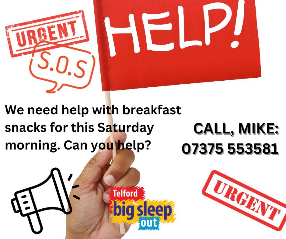 Maninplace's tweet photo. We need your urgent help! Due to unforeseen circumstances, we have no breakfast items to share with our wonderful Telford Big Sleep Out participants on Saturday morning. Can you help us with the supply of breakfast rolls at around 6:30am, in Telford Centre? call today. Thank you. https://t.co/LK8HWTIcLg