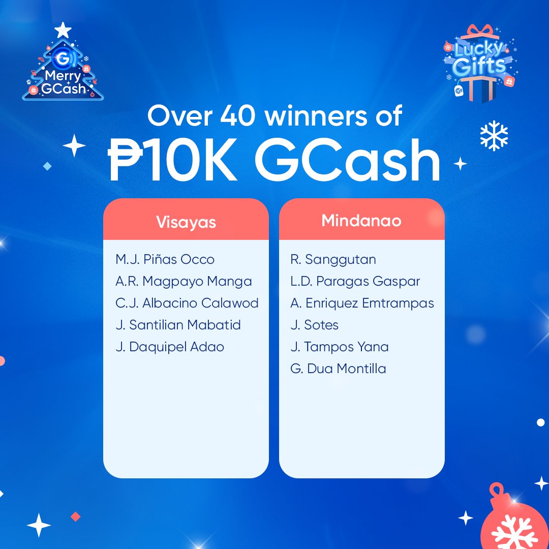 Congratulations sa 300+ LUCKY winners ng P50K, P10K, at P1K mula sa Luzon, Visayas, at Mindanao! 🤑🎅 

Lahat Merry sa Pamasko ng #MerryGCash2023 #KayaMo #iGCashMo