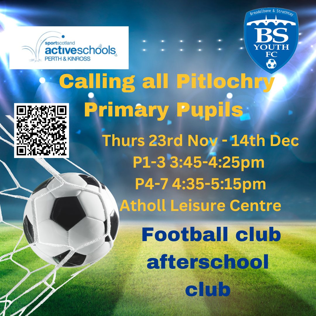 PitlochrySchool's tweet photo. Pitlochry Primary After School Football with @BSYFClub 
Thursdays 23rd Nov – 14th Dec at Atholl Leisure Centre
P1-3 3:45-4:25pm, P4-7 4:35-5:15pm
Please register: https://t.co/D1DKZeIjW6
Any issues, contact Scott at bsyfc2014@gmail.com
Bring clean indoor shoes &amp; water. It's free! https://t.co/4td8o1RHRV