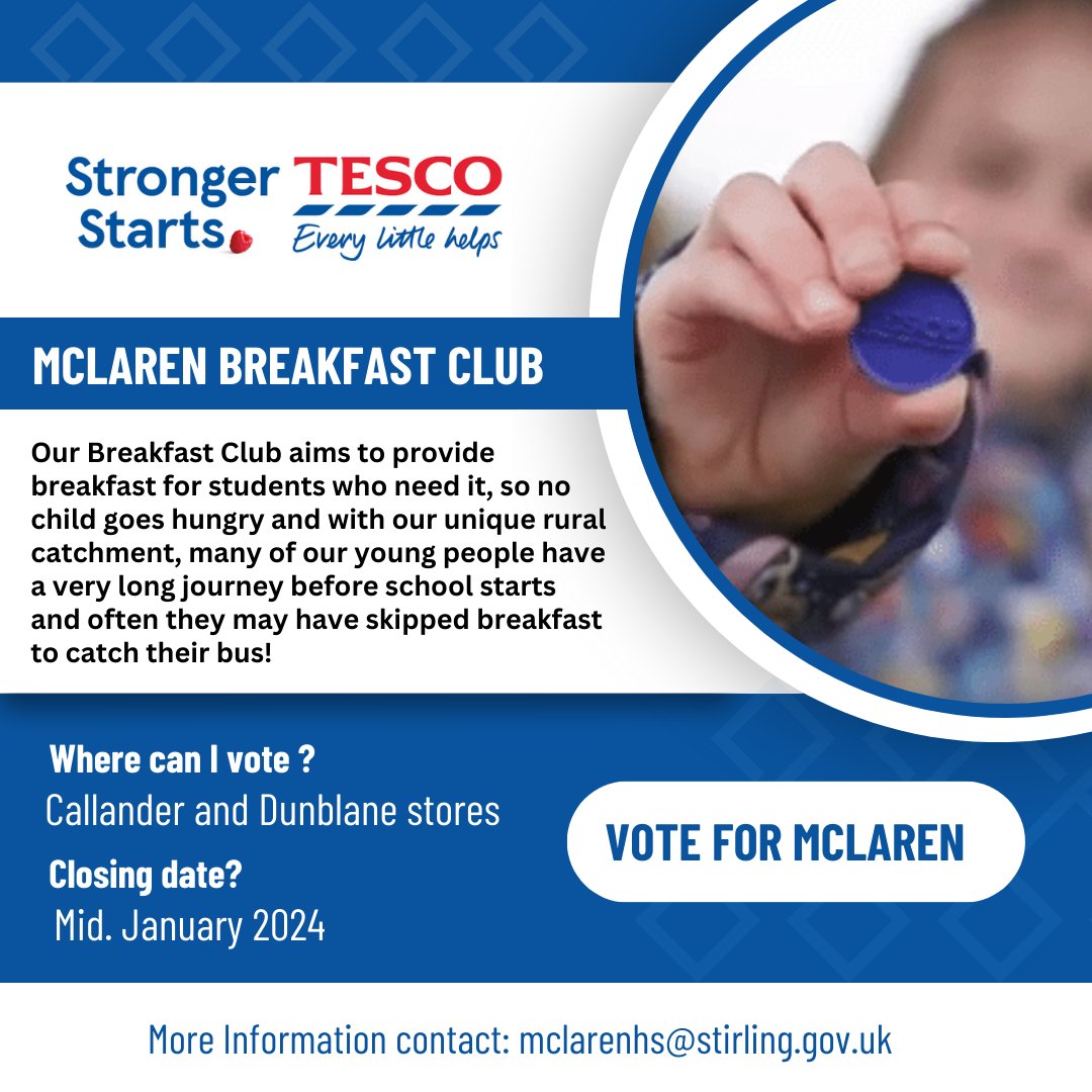 The McLaren Breakfast Club provides a bite to eat for any pupil who wants it before class. Your support for our programme would be much appreciated! <a href="/McLarenHigh/">McLaren High School 🏳️‍🌈</a> <a href="/Tesco/">Tesco</a>