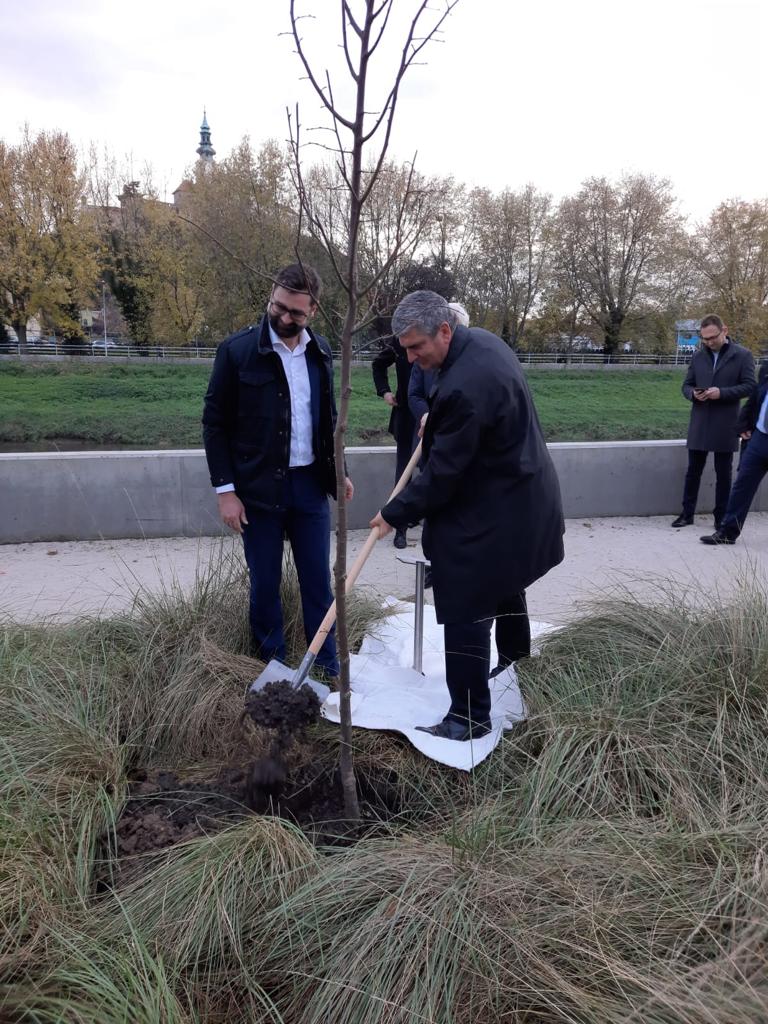 SLOinSVK's tweet photo. On the occasion of the 30th anniversary of the diplomatic relations between 🇸🇰 and 🇸🇮 the ambassador Dr. Raščan planted a linden 🌳 in Nitra together with the mayor Marek Hattas, entrepreneurs Marian and Michal Horvath, and the secretary general of the SM NGO Dr. Marek Sobola. https://t.co/ub4mwSC1eB