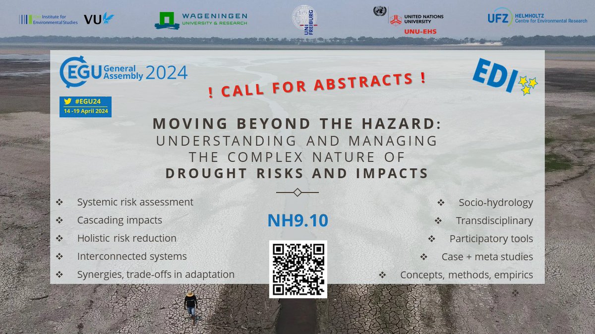 📣#EGU24 ‼️
“Moving beyond the hazard: understanding and managing the complex nature of #drought #risks and #impacts” ➡️lnkd.in/e6eFxugu

#systemic drought risks, interconnected #vulnerabilities, multisectoral #impactassessment, and implications for #management #adaptation