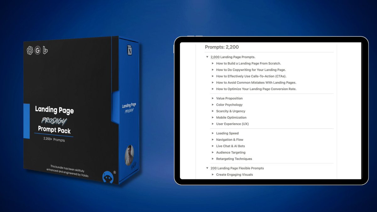 reachvaldo's tweet image. ChatGPT is a FREE landing page expert.

But 98% don’t know what to prompt.

So I wrote 2,200 flexible prompts to help you build your landing page.

And for the next 24 hrs, It's FREE!

To get it, simply:

• Like
• Reply "🙏"
• Follow (so I can DM you)