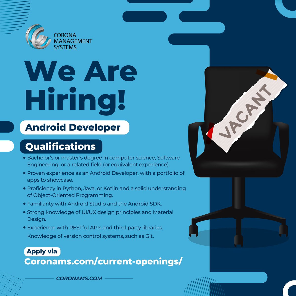 coronams's tweet image. Calling on all tech enthusiast!
Corona Management Systems is looking for talented individuals to join our growing team as a Full Stack Developer and Android Developer.
Click the link to apply coronams.com/current-openin…
we are excited to hear from you.
#tech #andrioddeveloper