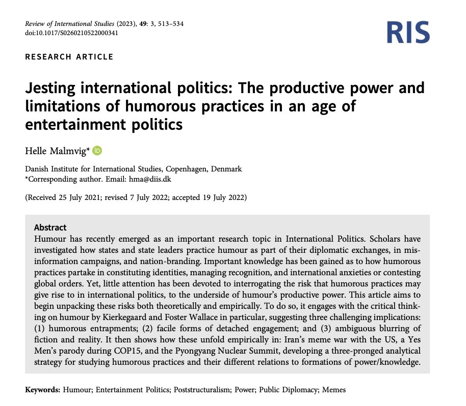 RISjnl's tweet image. What do jokes, memes, parodies, and puns do in international politics? 

Take a look at @HelleMalmvig’s piece on the underside of humor’s productive political power.

Click here for free access ➡️cambridge.org/core/journals/…