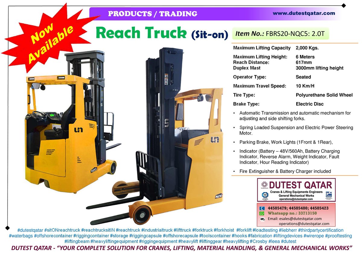 NOW AVAILABLE: Reach Truck (Sit-on). Item No.: FBRS20-NQC5: 2.0T. Call or WhatsApp us at 3371 3150. #dutestqatar #sitONreachtruck #reachtrucksitIN #reachtruck #industrialtruck #lifttruck #forktruck #forkhoist #forklift #loadtesting #liebherr  dutestqatar.com