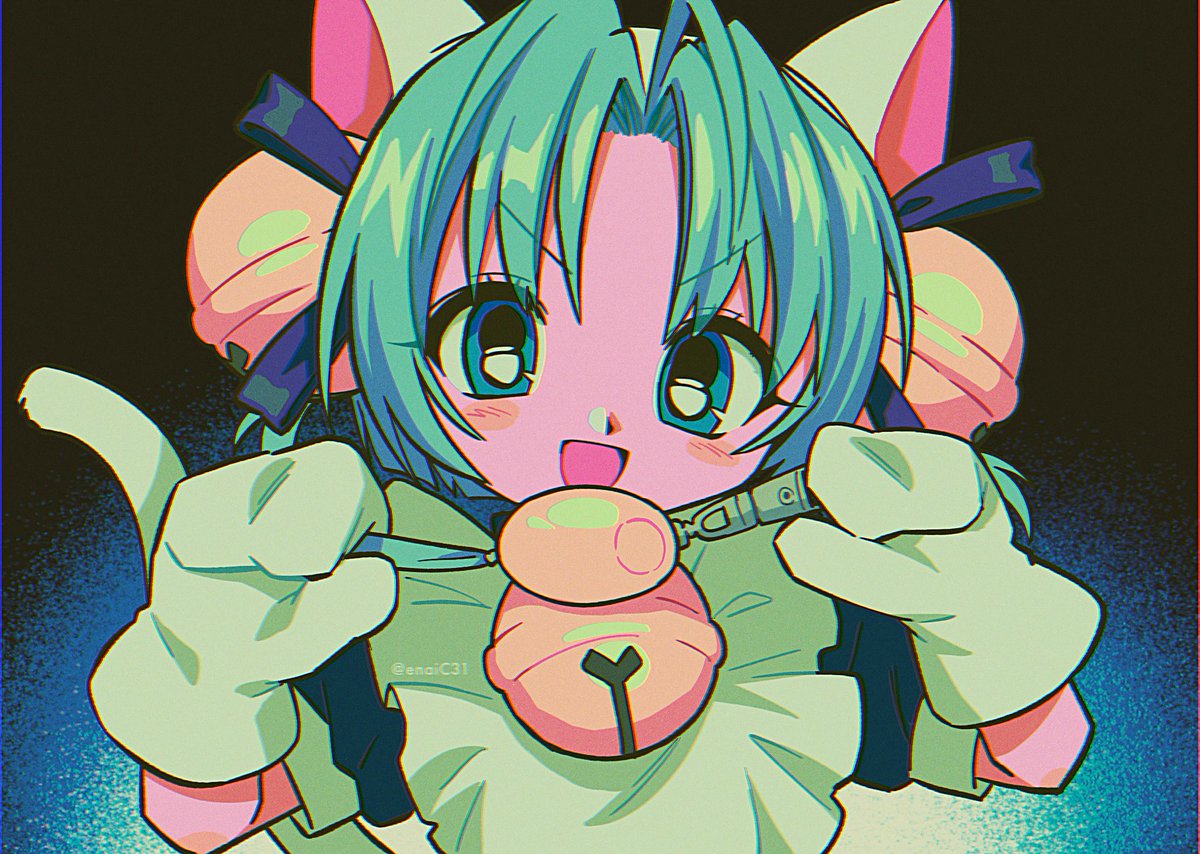 1girl solo bell animal ears tail green hair apron  illustration images