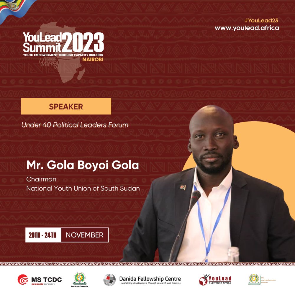 🌟 We're thrilled to announce that @Gola_Boyoi, Chairman of the National Youth Union of South Sudan 🇸🇸🇸 , will be sharing his valuable insights at the Under 40 Political Leaders Forum during #YouLead23 Get ready for thought-provoking discussions on skilling the future of Africa!