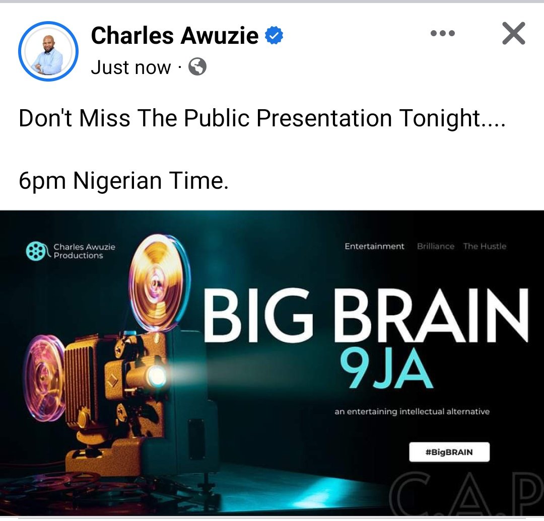 A public presentation about Big Brain Naija would be made today by @pastorcharlesc.

Follow his Facebook page for more and timely information.

facebook.com/reformed.charl…