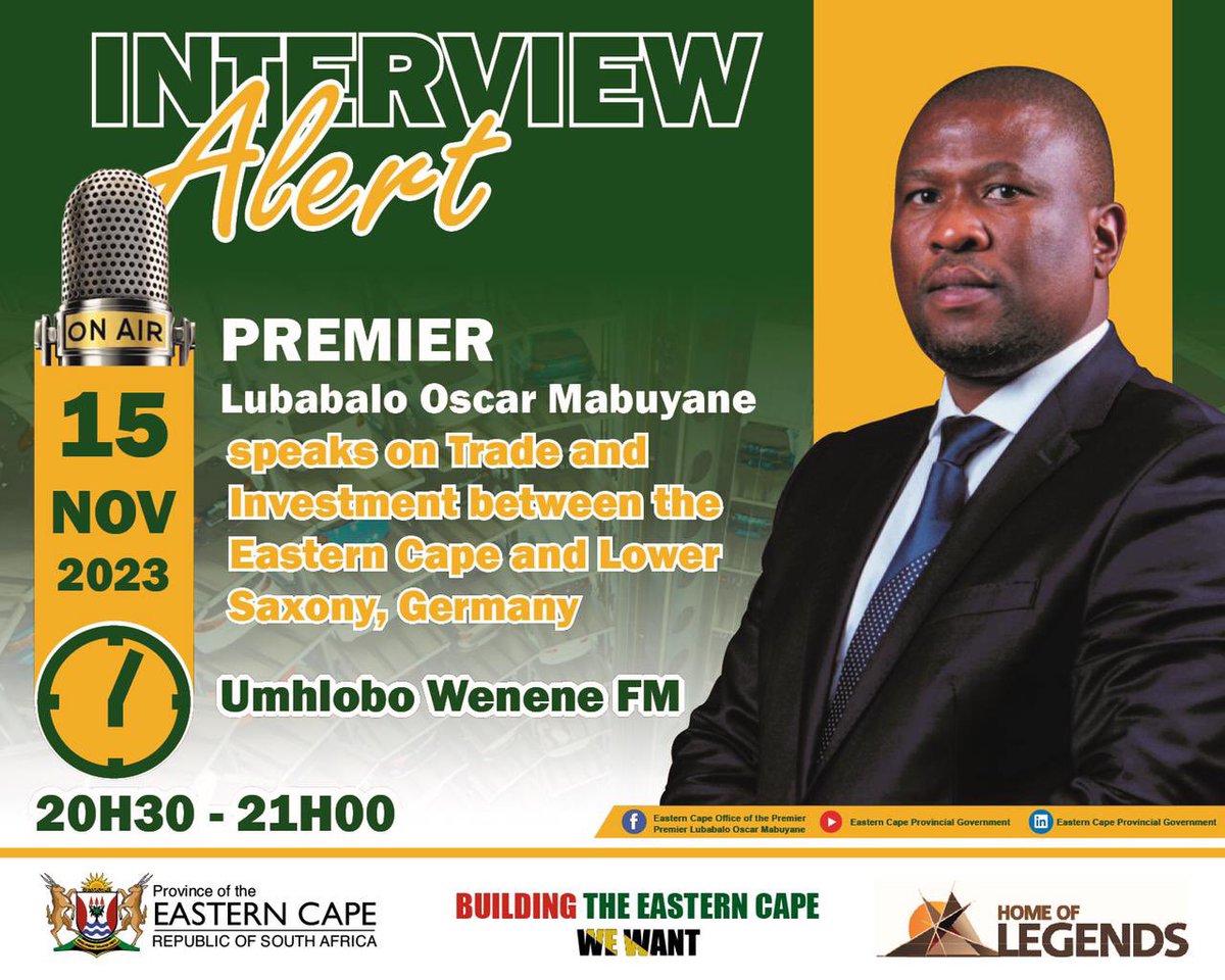 Tune in tonight to @UWFM88_106FM  between 20:30pm and 21:00pm as I will be discussing the Germany journey, delving into investment and trade prospects for the Eastern Cape. 

Don't miss out! 🌍🤝  

#HomeOfLegends #BuildingTheEasternCapeWeWant #LeaveNoOneBehind'