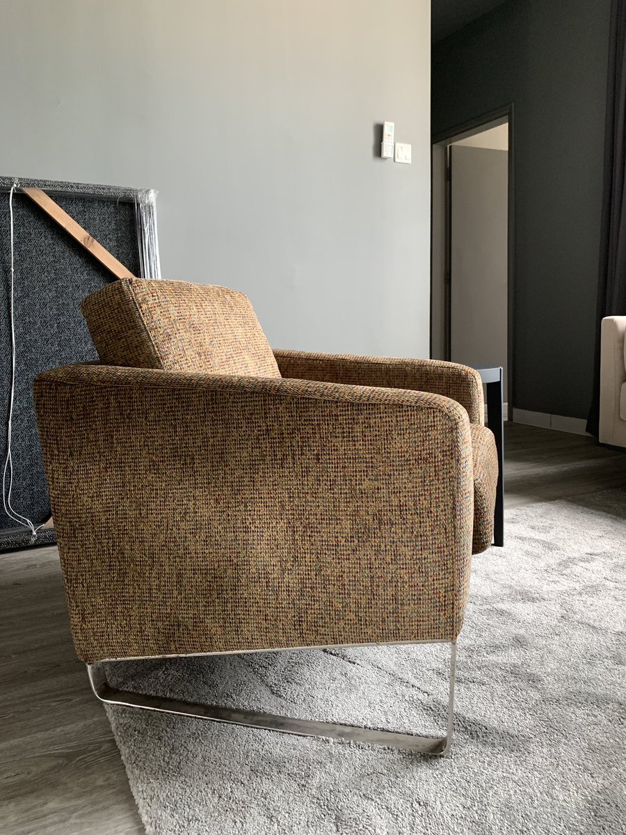 Another vintage installation of armchair with stainless steel flat bar leg. Reupholstered with mid-century modern style fabric. 

#KeemMazniInteriors