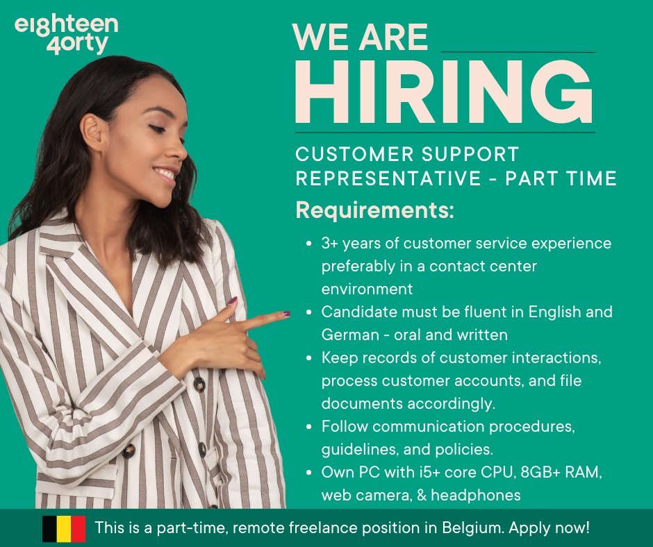 1840andCompany's tweet image. We are presently in search of a Part-Time Customer Service Representative located in Belgium to become a vital part of our team.

Learn more and apply here 👉 bit.ly/3SAswu9 

#CustomerServiceRepresentatives #Fulltimework #Remotework #Belgium