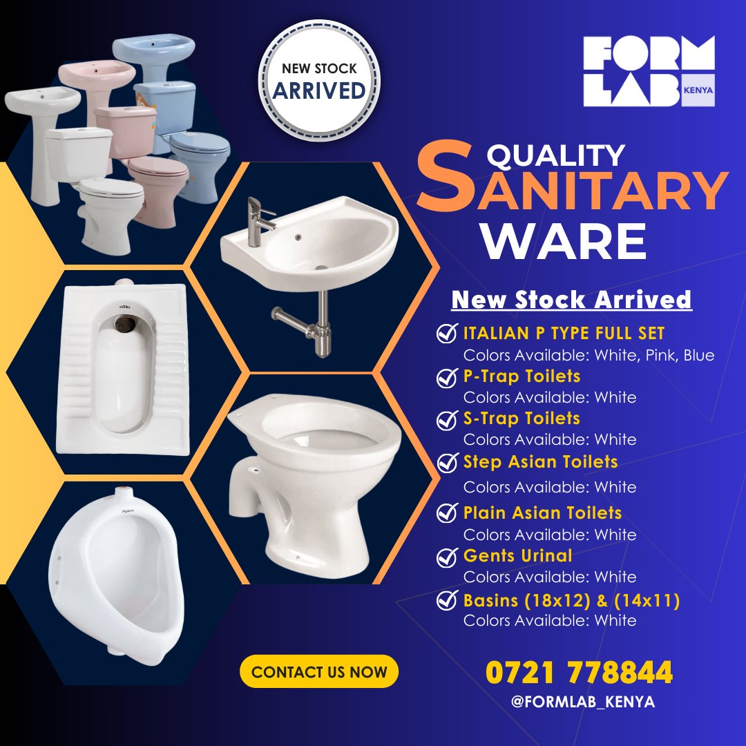 formlab_kenya's tweet photo. New Stock Arrived!
✅Closed Couple Set
��P-Trap &amp; S-Trap Toilets
✅Step Asian Toilets
✅Plain Asian Toilets
✅Gents Urinal
✅Basins (18x12) &amp; (14x11)

We are a professional wholesaler in Kenya. Best &amp; Affordable SanitaryWare Item Provider in Kenya.

Reach us@ 0721778844 ☎ https://t.co/XkF2aamjRi