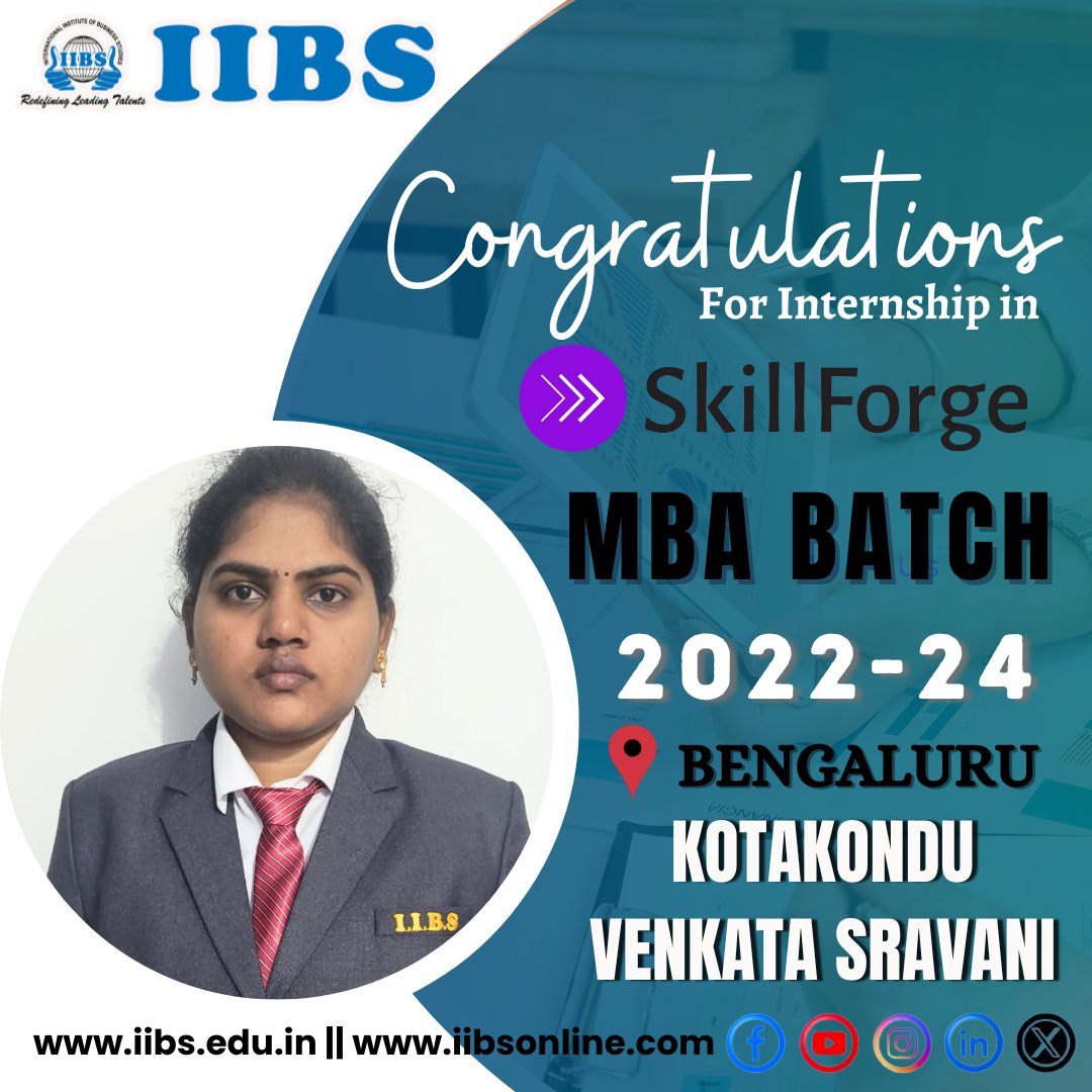 iibsonline's tweet photo. Congratulations to KOTAKONDU VENKATA SRAVANI for securing a campus internship #opportunity at #SkillForge from the #IIBS MBA batch 2022-2024! We are incredibly proud of SRAVANI'S accomplishment
#Internship #interns #Success #CampusInternship #MBA #Congratulations #placement https://t.co/Mrn8Omptzr