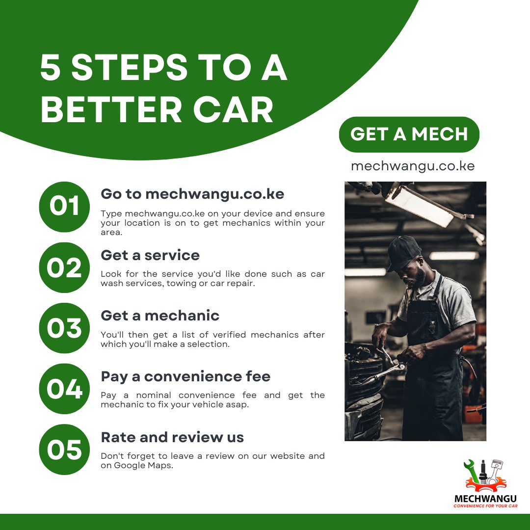 Niaje car twitter!

Swipe left to see how we've simplified car care! Booking a mechanic has never been this easy. 

Your ride, your rules!
#SeamlessService
#CarCareSimplified
#Mechwangu
#Carcareforyou
#Mechanicsnearme