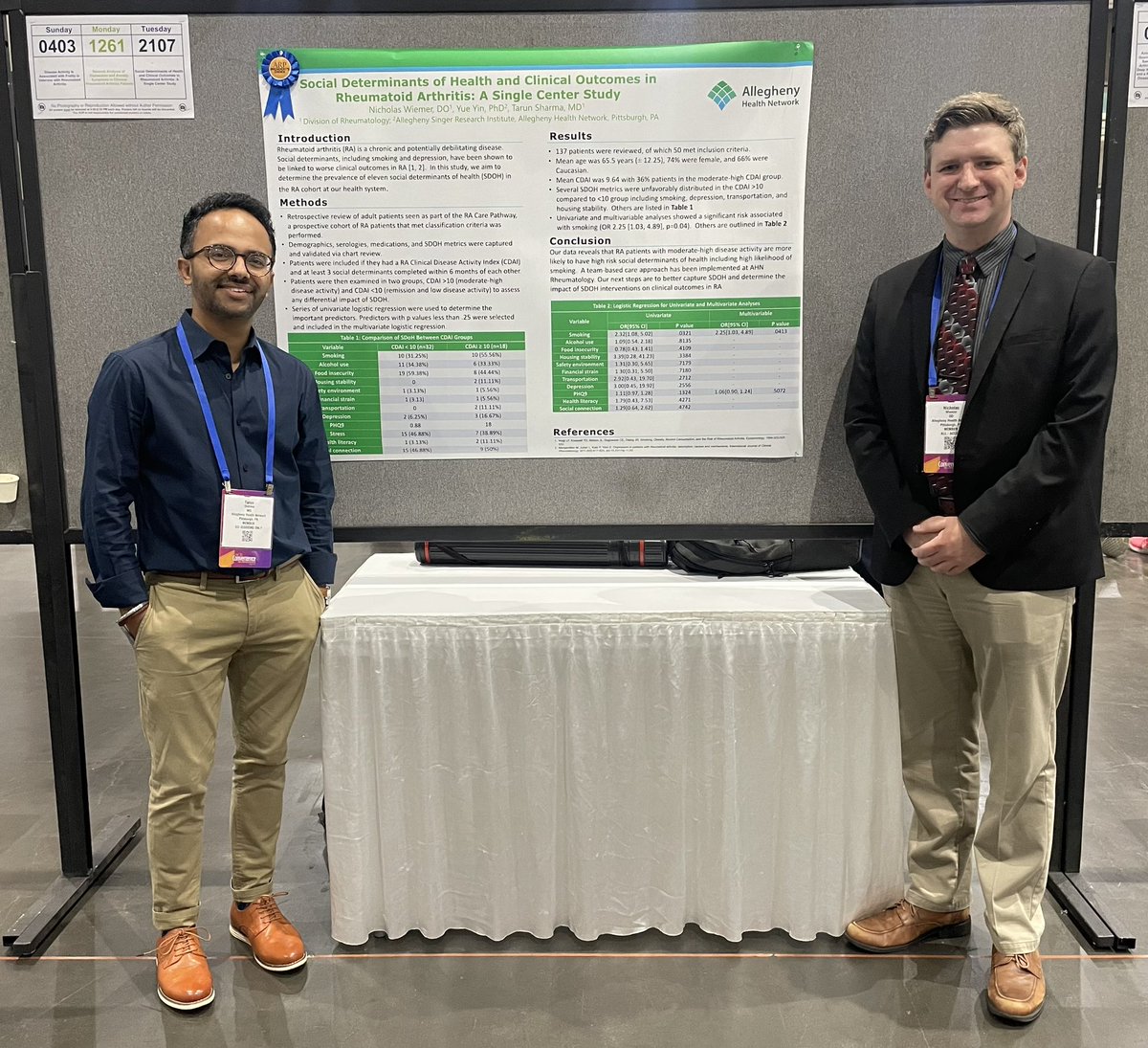 Congratulations to ex-fellow #NickWiemer on presenting our poster on Impact of SDOH in RA #ACR23 #RApathway #caretransformation #AHNrheum