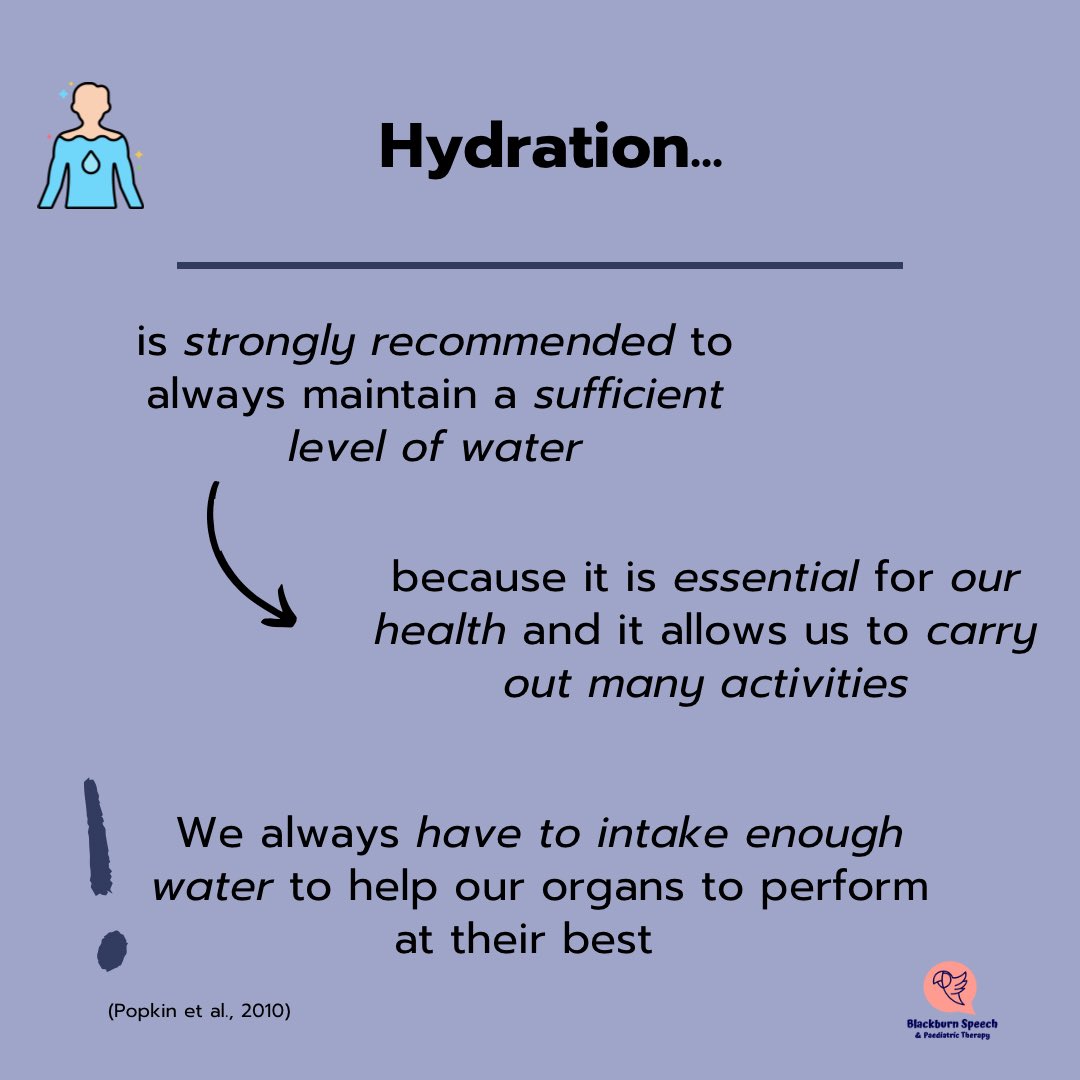 blackburn_slp's tweet photo. How much do you know about hydration? Depending on the person’s age and gender, the average percentage of water in the human body ranges from 45-75% (Popkin et al., 2010). 
It is crucial for us to drink enough water to balance our bodies. Especially during summer! 💧 https://t.co/xYFymUcNBI
