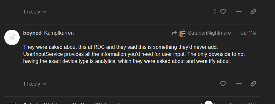 Dear Roblox: Your reasoning against an API to determine what device a player is using is bad logic and not consistent with what most modern multiplatform games &amp; game engines do.

We should be able to know if someone is on a phone or not easily. 

#Roblox #RobloxDev