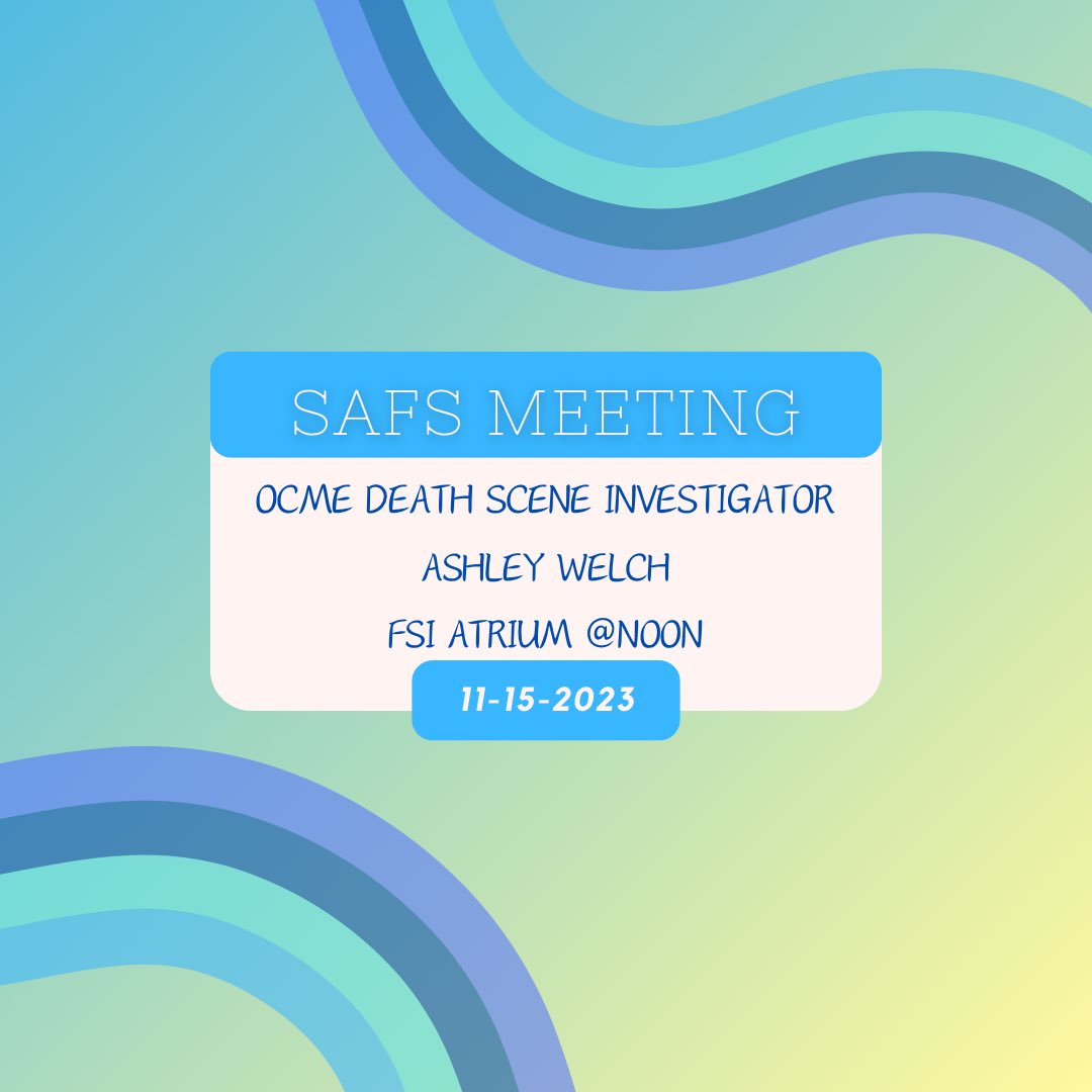 Come see our speaker for our meeting this Wednesday! Nov. 15th is also the last day to turn in applications for the 2024 American Academy of Forensic Sciences conference. If you have any questions or want to submit an application, email Cait Porterfield (cporterfield@uco.edu).