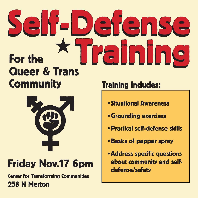 Memphis4RS's tweet photo. Memphis 4 Revolutionary Socialism is hosting a Self-Defense Training for the Queer &amp; Trans Community!

We will be going over the basics such as:
- Situational Awareness
- Grounding Exercises
- Basics of Pepper Spray
AND MORE!

Friday, Nov. 17th at 6pm
at 258 N. Merton St. https://t.co/rEsJrCuhRd