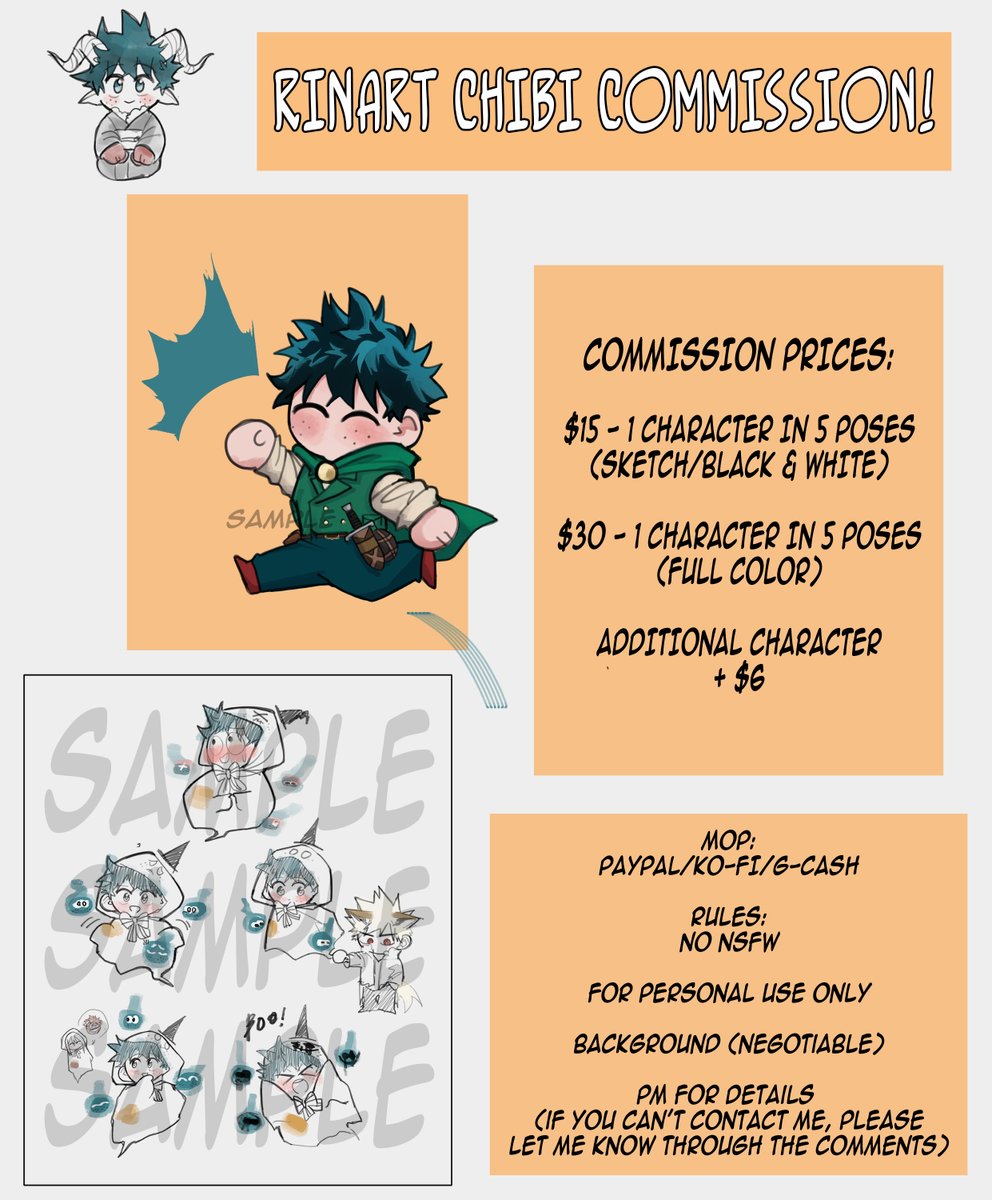 CHIBI COMM OPEN!
3 SLOTS ONLY!!!

1 character in 5 poses of your choice!