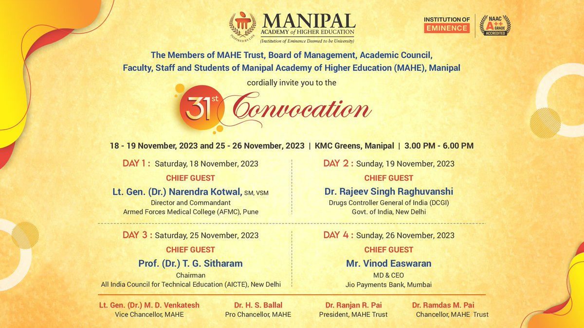 We are delighted to announce that the Manipal Academy of Higher Education (MAHE) will host its 31st Convocation on 18th, 19th, 25th, and 26th November 2023.

This is a special occasion for our students, their families, and the entire MAHE community.