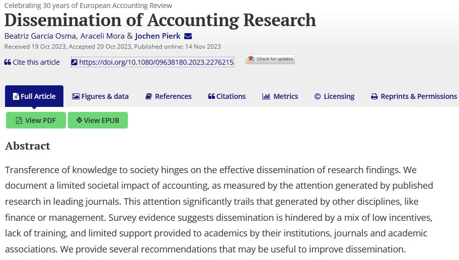 Erasmus Accounting (@erasmusaccount) on Twitter photo New publication!
"Dissemination of Accounting Research" by <a href="/jochenpierk/">Jochen Pierk</a> (<a href="/ErasmusESE/">ErasmusESE</a>) with <a href="/beagosma/">Bea G. Osma</a> (<a href="/uc3m/">UC3M</a>) and Araceli Mora (<a href="/UV_EG/">Universitat València</a>).
In: European Accounting Review (<a href="/EAR_Journal/">European Accounting Review</a>)
Link: doi.org/10.1080/096381…
<a href="/EAA_ARC/">EAA</a> @AccForImpact New publication!
"Dissemination of Accounting Research" by <a href="/jochenpierk/">Jochen Pierk</a> (<a href="/ErasmusESE/">ErasmusESE</a>) with <a href="/beagosma/">Bea G. Osma</a> (<a href="/uc3m/">UC3M</a>) and Araceli Mora (<a href="/UV_EG/">Universitat València</a>).
In: European Accounting Review (<a href="/EAR_Journal/">European Accounting Review</a>)
Link: doi.org/10.1080/096381…
<a href="/EAA_ARC/">EAA</a> @AccForImpact