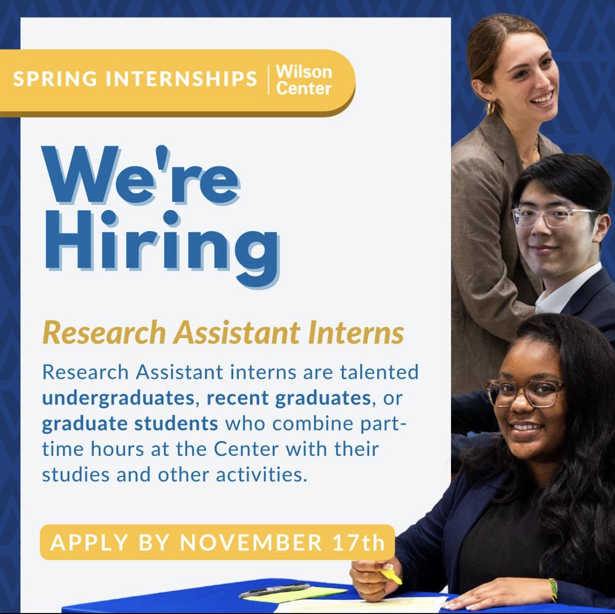 opportunitiesfy's tweet image. 🌟 Join The Wilson Center for an exciting #Spring2024Internship 

💼 Stipend: $500/month
🌐 Applications close on December 3rd.

Learn more and apply now ➡ bit.ly/3shgM56

#Opportunity #InternshipAlert #paidinternship #globaldevelopment #internships #research