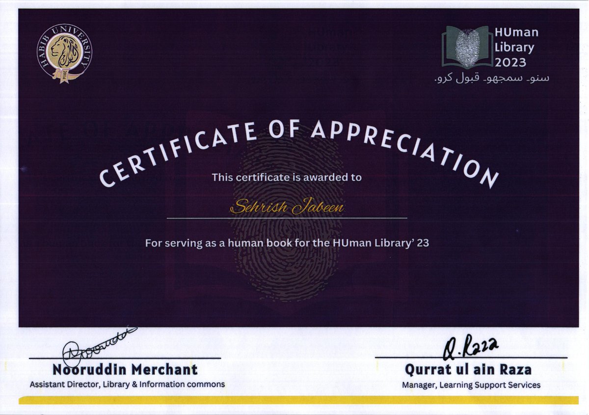 Sehrish_Jabeen_'s tweet image. I am sincerely grateful to #HabibUniversity for providing me with the chance to serve as a #HumanBook in the #HabibHUmanLibrary.

افراد کے ہاتھوں ميں ہے اقوام کي تقدير

ہر فرد ہے ملت کے مقدر کا ستارا