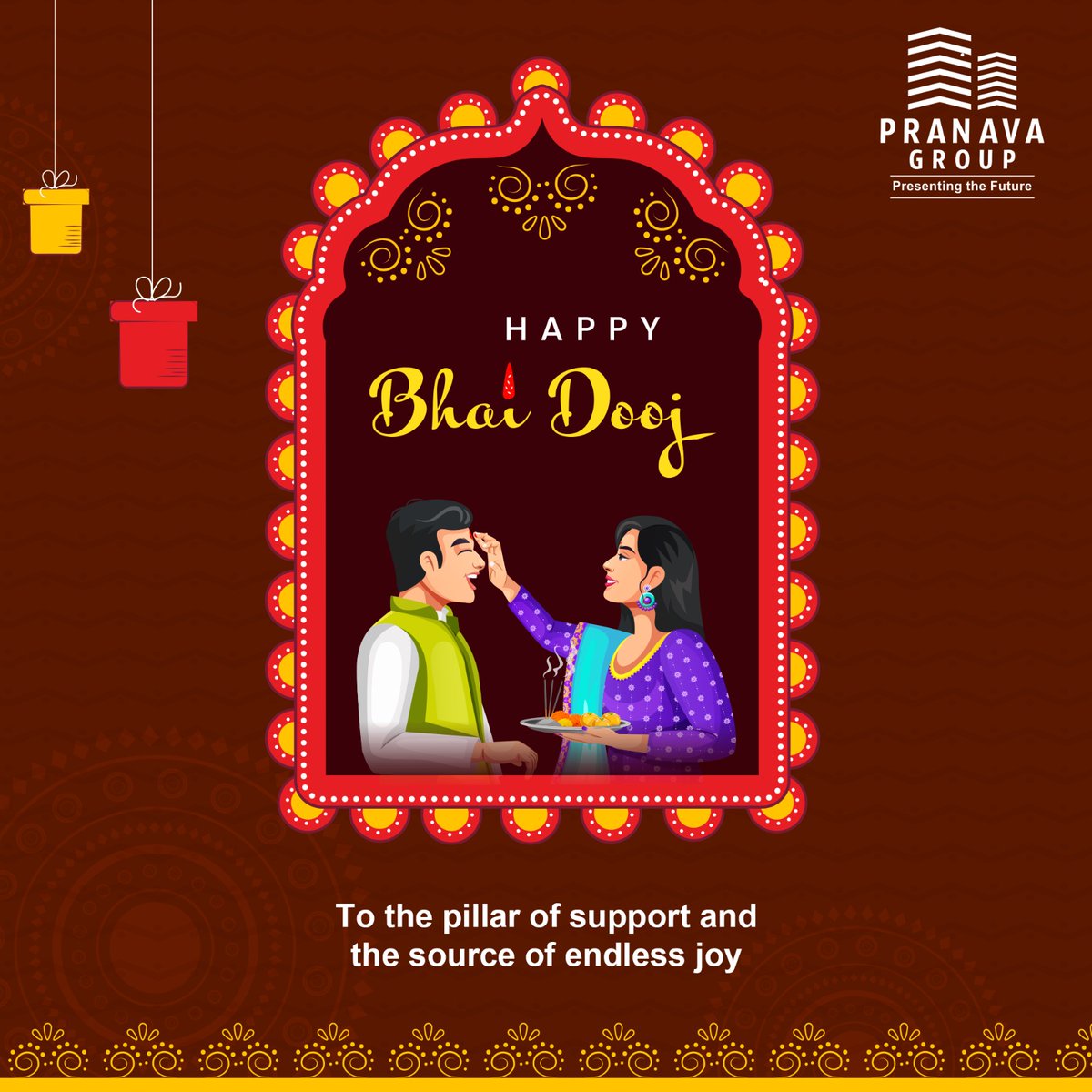 pranava_group's tweet photo. Mark the auspicious occasion of Bhai Dooj with laughter and love. Strengthen the bond with your brother/sister in festive spirit.
#Celebration #SiblingBond #FestiveJoy #BhaiDooj #PranavaGroup https://t.co/Wf2VRYnsbU