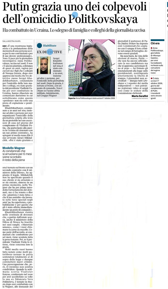 Uno schiaffo al mondo intero
Putin uccide, per la seconda volta, Anna Politkovskaja
Dà la grazia a uno degli assassini materiali della giornalista russa
da <a href="/martaserafini/">marta serafini</a>, <a href="/Corriere/">Corriere della Sera</a>