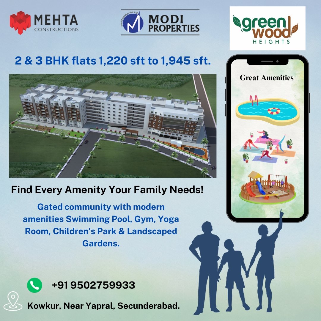 2 & 3BHK flats 1,220 sft to1,945 sft. Ready to Occupy! 
Location: Kowkur, Near Yapral, Secunderabad. 
Contact us: +91 9502759933 

#modiproperties #mehtaconstructions #GatedCommunity #newflats #Secunderabad #yapralsecunderabad #hyderabadbuilders #3bhkflatsforsale #yapral
