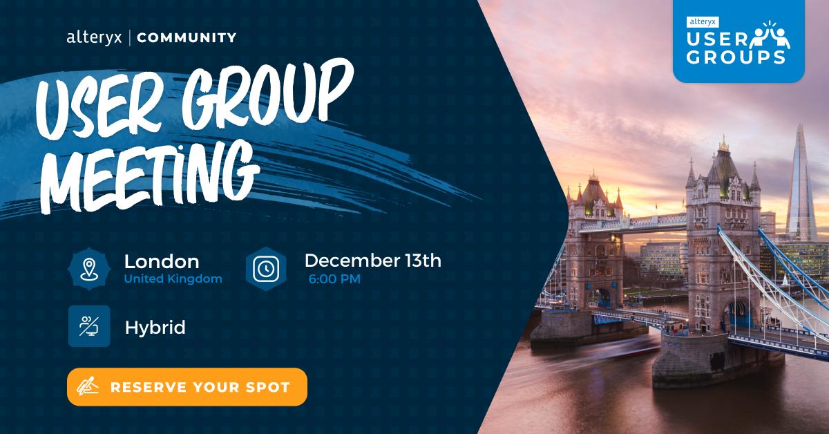 rbennington72's tweet image. Jingle and mingle at our holiday-themed London #AlteryxUserGroup! Explore Alteryx #DesignerCloud and create holiday workflows. ☃️

🗓️ December 13
⏰ 6pm
📍 Hybrid

🔔 Invite your friends and colleagues—just share this post or link.

❄️ 👉 Register: ow.ly/BWcP10512Kp