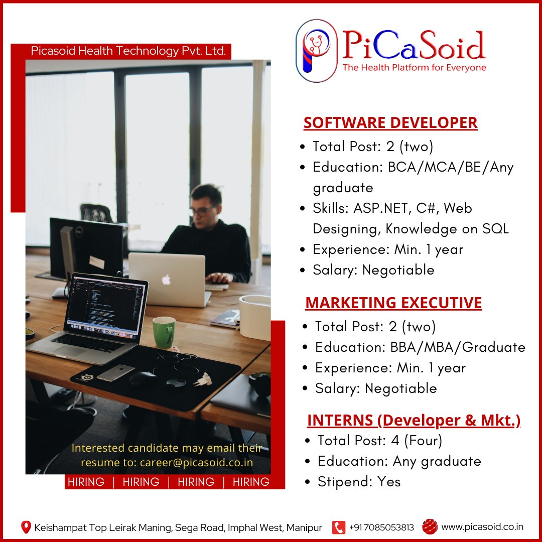 PiCaSoidID's tweet image. We have 8 (eight) JOB openings in our company. If you think our requirements fits your knowledge and expertise, mail us your CV/ Resume at our email: career@picasoid.co.in
@rojenleimapokpam 
#picasoid #JobsInImphal #SoftwareDeveloperJob #MarketingJobInImphal #InternshipInImphal