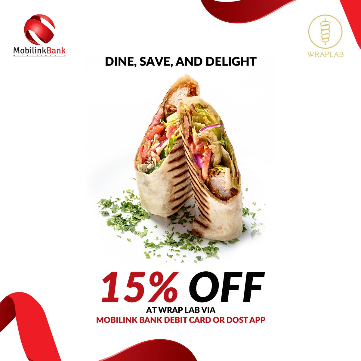MobilinkBank's tweet photo. Offering a delicious deal, light on the wallet!

Following our recent partnership with Wrap Lab, a famous Arabic fast food eatery, all #MobilinkBank customers and employees can now avail a 15% discount by using their Mobilink Bank debit card or paying through the #DostApp. https://t.co/Z4iQjE2k2Y
