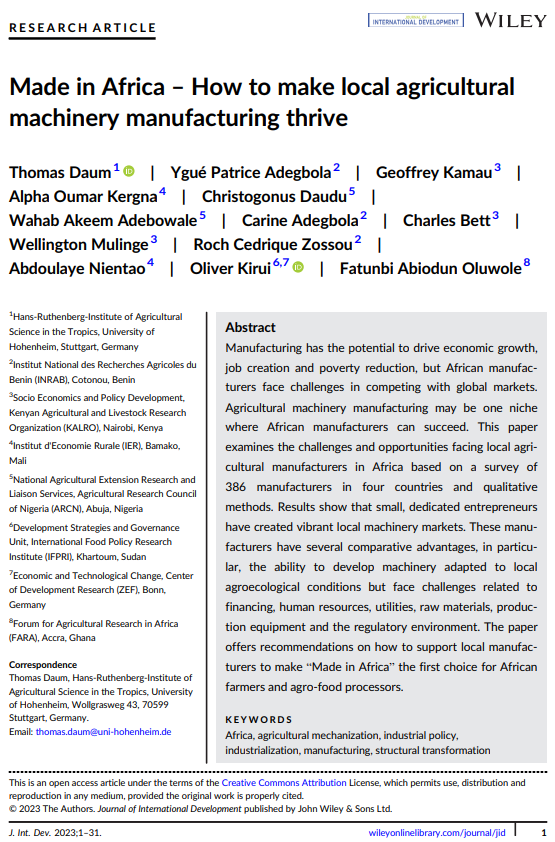 🎉Excited to share our latest article on local machinery manufacturing from the @PARI_ZEF project! It was a fantastic collaboration with great scholars from across Africa. 
doi.org/10.1002/jid.38…