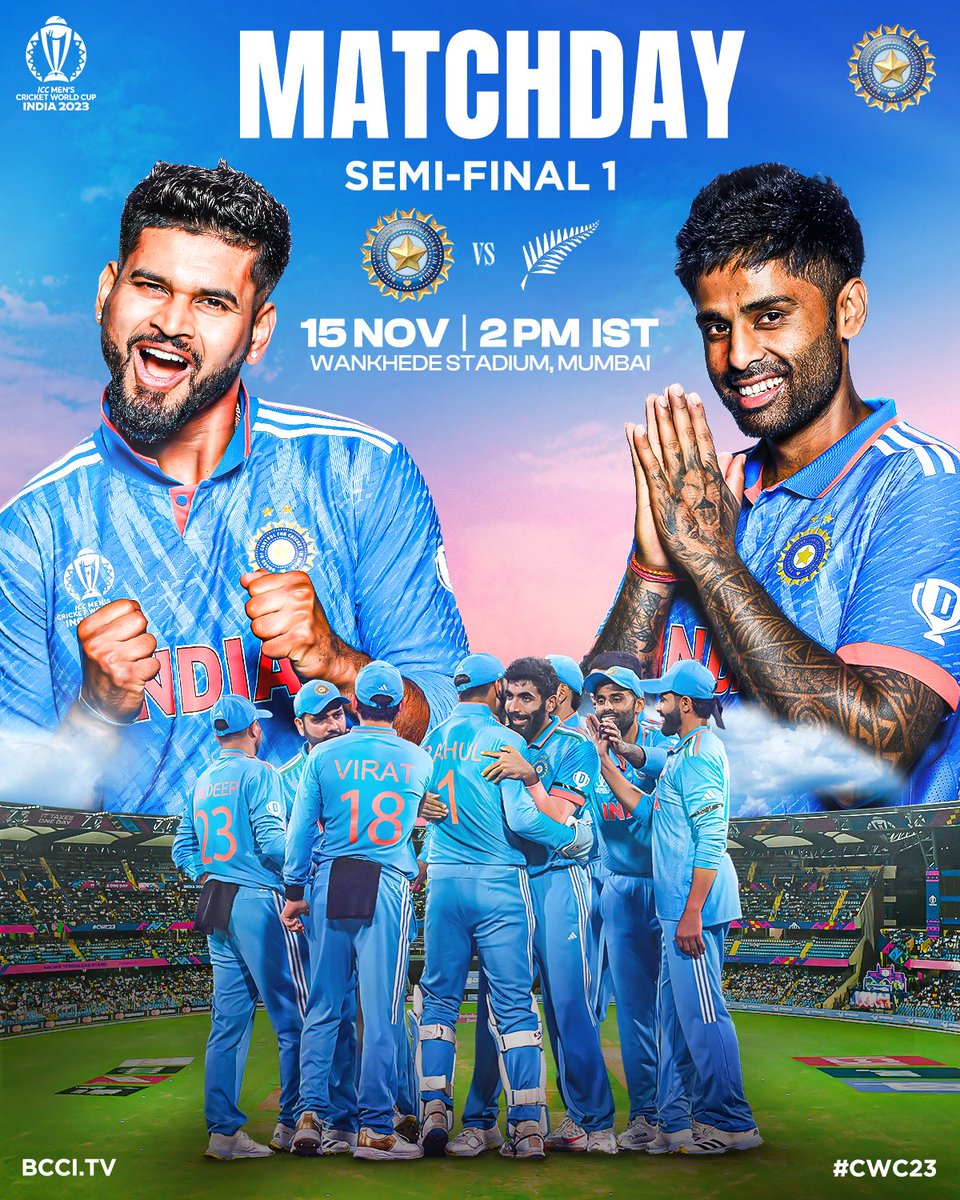 Hello from Mumbai 👋 

We’re all set for Semi-Final 1️⃣

🆚 New Zealand 
🏟️ Wankhede Stadium
💻 📱 BCCI.TV 

#TeamIndia | #CWC23 | #MenInBlue | #INDvNZ