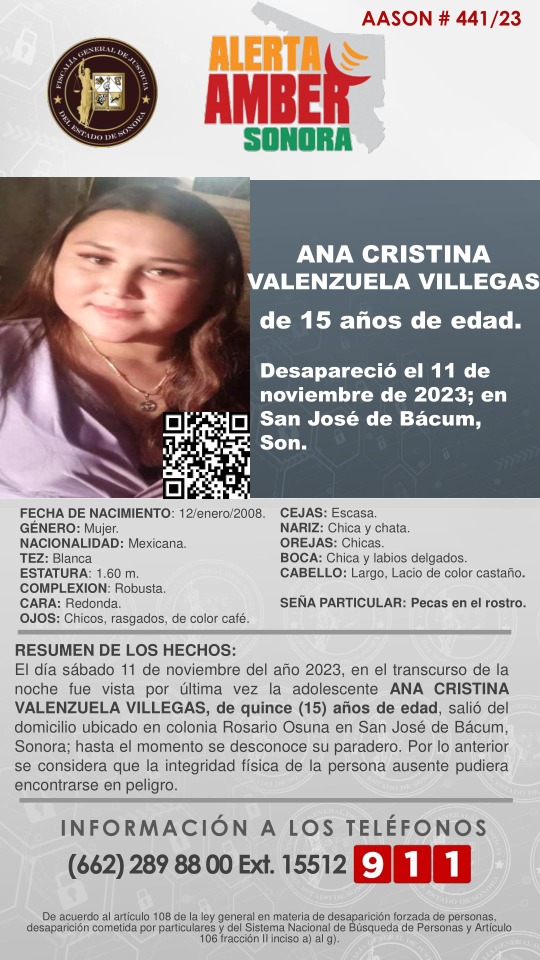 🚨SE ACTIVA ALERTA AMBER SONORA PARA BÚSQUEDA y LOCALIZACIÓN  de  ANA CRISTINA VALENZUELA VILLEGAS, de 15 años de edad, desapareció en San José de Bácum, Sonora🟤

✨De antemano, muchas gracias por su contribución y apoyo a su difusión🙌📲🖥️📰👀