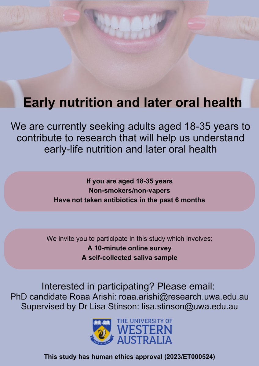 We are currently seeking adults aged 18-35 years of age to contribute to research that will help us understand early-life nutrition and later health. For further details please email PhD candidate roaa.arishi@research.uwa.edu.au or Dr @lisafstinson on lisa.stinson@uwa.edu.au