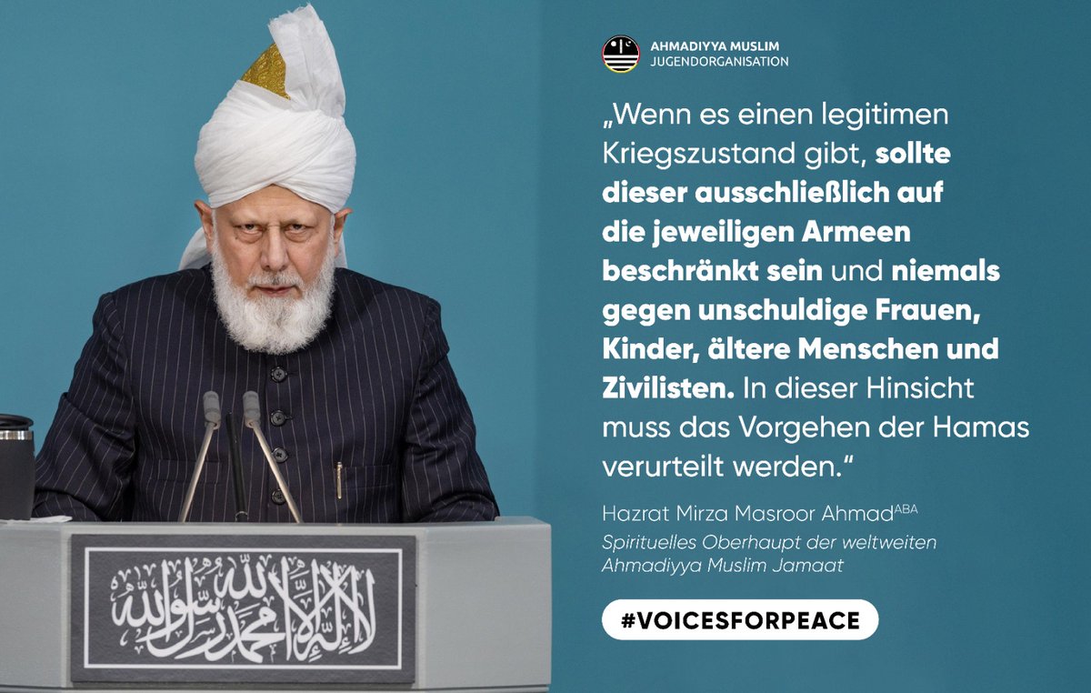 MajlisMuenchen's tweet photo. Kalif und weltweites Oberhaupt der Ahmadiyya Muslim Jamaat, Hadhrat Mirza Masroor Ahmad (ABA) warnt davor, dass ein #Weltkrieg droht, wenn die Staatsführer keinen Waffenstillstand anstreben.

#Islam #Ahmadiyya #Palästina #Israel #Waffenstillstand #Frieden #VoicesForPeace https://t.co/5ZvJMXXmVh