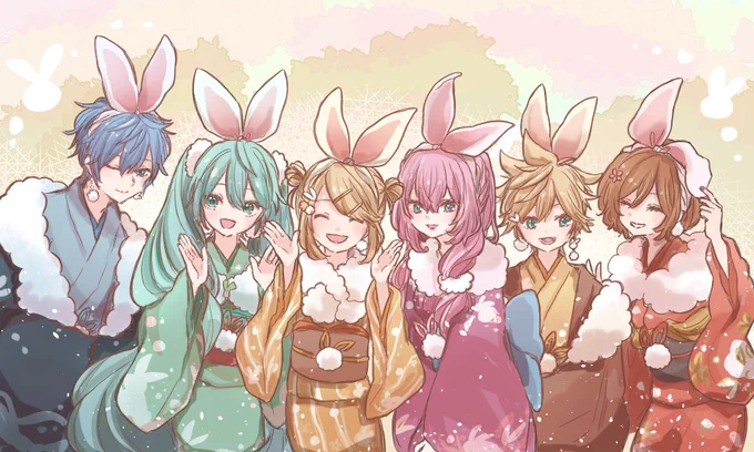 ピアプクロウですホー!今日もピアプロに投稿された作品を紹介していくホー☆うど助さんのピアプロキャラクターズ!お揃いのうさぎリボン、そして着物がとっても可愛らしくてステキだホー!(≧∇≦)【】 #piapro #初音ミク #鏡音リン #鏡音レン #巡音ルカ #MEIKO #KAITO