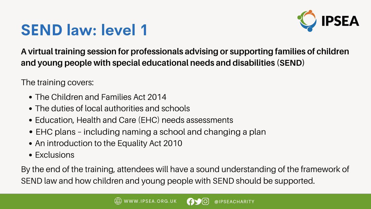 Last few places available on our Level 1 SEND law training for professionals advising or supporting families of children with SEND. 📅 11 December, 10am - 3.30pm For full details, and to book a place, visit: buff.ly/3uhruZV